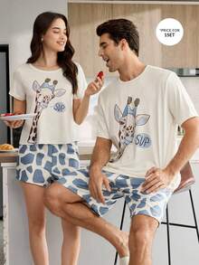 CoupledUp Men's Cartoon Print Round Neck Casual Short Sleeve Shorts Pajama Set - Apricot - View 3