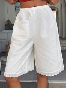 Livesso Women's Solid Color Lace Patchwork Elastic Waist Loose Shorts Pajama Bottoms - White - View 10