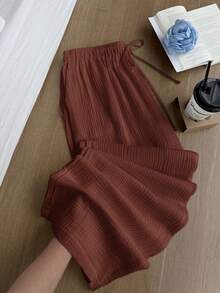 Comfortcana 大码女式纯色棕色褶皱纹理宽松抽绳腰阔腿休闲度假棉质长裤，夏季商务休闲装 - 棕色 - 查看 8
