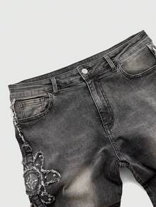 ROMWE MEN Men's Rivet Decor Frayed Hem Layered Denim Jeans - Black - View 3