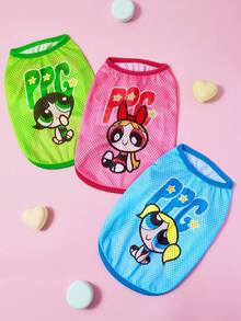 THE POWERPUFF GIRLS X SHEIN 1件可爱卡通印花网眼宠物背心，运动背心，猫狗通用，尺码从XXS到XXXXXL（XS到XL），友谊、花花、泡泡、毛毛图案 - 彩色 - 查看 6