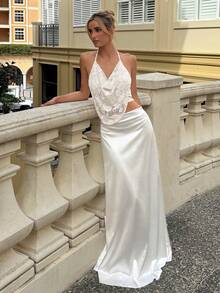 Top de cuello halter para sin espalda con fornteras drapeadas y diseño sólido - Blanco - Ver 5