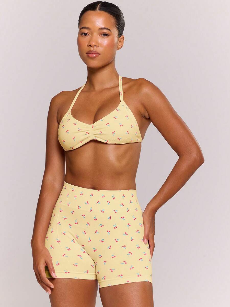 Musera Sport Cherry Print Scrunch Sports Bra Only Active Workout Gym Cute Pilates Fitness Daily - Yellow - View 1