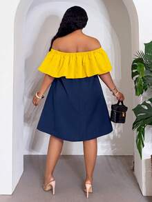 Slaydiva Elegant Summer Brown Color Block Off Shoulder Ruffle Hem A Line Mini Dress For Women,Smart Casual Everyday Gym Outfit Streetwear - Blue - View 3