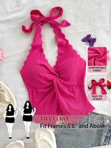 SHEIN Tall CURVE 大码女式西部风格扭结吊带背心 - 西瓜粉 - 查看 1