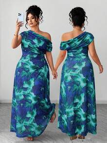 Elenzga Plus Size Women's Vibrant Multi-Color Floral Print Elegant Off-Shoulder Maxi Dress - Green - View 4