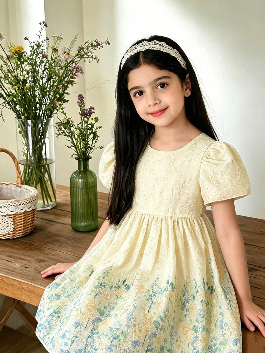 SHEIN Elladie kids 年轻女孩优雅花卉印花刺绣圆领连衣裙 - 黃色 - 查看 1
