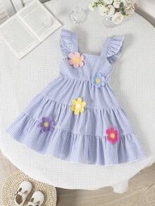 Elladie kids 女童夏季清新蓝白条纹荷叶边A字蛋糕裙，饰有钩编3D花朵，甜美活泼，适合休闲、生日派对、度假等场合。 - 藍白色 - 查看 2