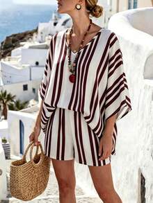 SHEIN Holidaya Women's Casual Tropical Retro Jumpsuit, V-Neck Sleeveless White And Burgundy Jumpsuit, Holiday Elegant Outdoor Vacation Summer - Red and White - View 1