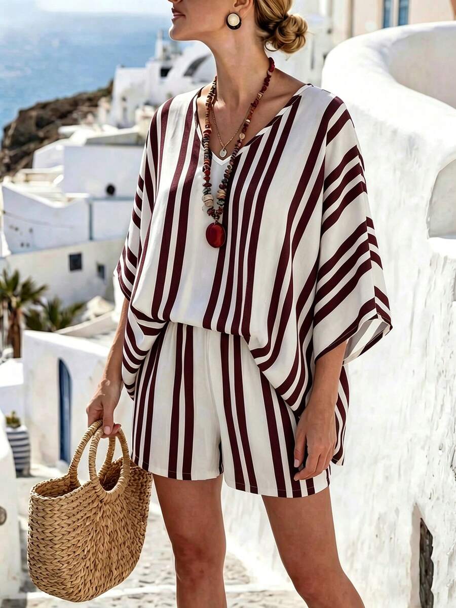 SHEIN Holidaya Women's Casual Tropical Retro Jumpsuit, V-Neck Sleeveless White And Burgundy Jumpsuit, Holiday Elegant Outdoor Vacation Summer - Red and White - View 1