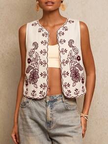 Chaleco ligero de mujer con bordado floral y de loro, chaleco bohemio, chaleco floral, estilo casual de mujer, atuendo para salir, atuendos elegantes, estilo campestre para mujer, atuendos casuales, chaleco elegante - Rojo y blanco - Ver 2