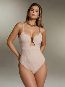 Shapewave Women's Red Orange Hollow Out Design Fashionable Spaghetti Strap One-Piece Swimsuit Holiday Beach Holiday Summer Sexsy Sexy - Beige - View 5