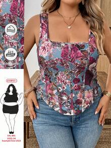 SHEIN CURVE+ 大码女式夏季休闲度假印花方领修身吊带衫 - 彩色 - 查看 6