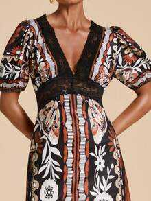 Travachic Abito lungo vintage da donna con scollo a V, maniche a petalo, pizzo e patchwork, adatto per l'estate - Multicolore - Visualizzare 8
