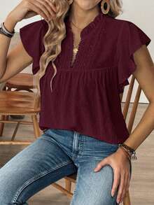 EMERY ROSE Women's Casual Vacation Solid Color Cutout Lace V-Neck Cap Sleeve Blouse, Spring/Summer - Burgundy - View 7