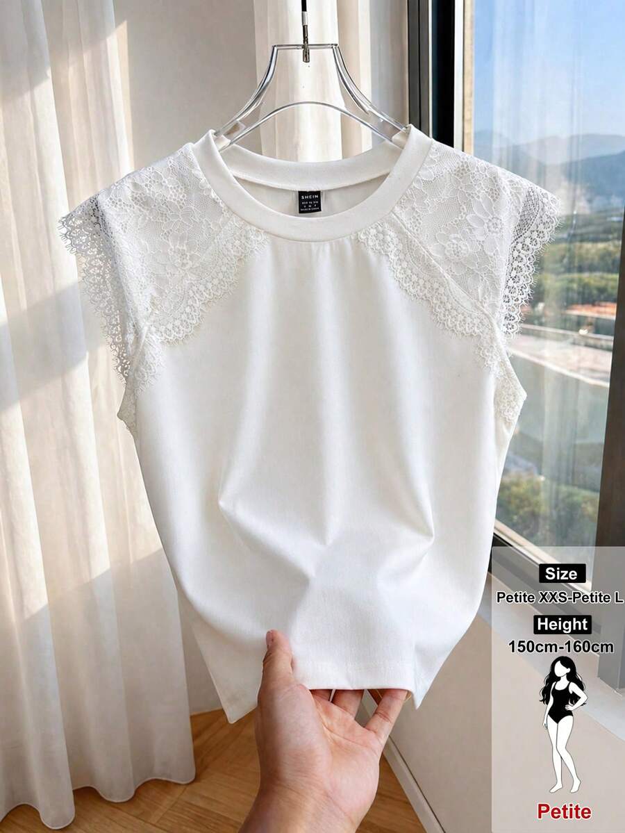 SHEIN PETITE Áo hoodie nữ thời trang cổ tròn, tay áo phối ren, xếp ly eo. - trắng - Xem 1