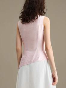 Ontre Blusa sin mangas de mezcla de lino 2026SS con diseño asimétrico retorcido, adecuada para vacaciones, fiestas, casual, trabajo, elegante, top corto morado rosa - Rosa - Ver 5