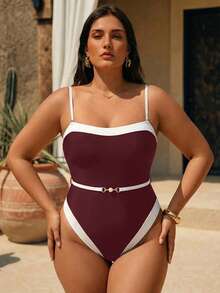Swim Chiccia Plus Size Women's Black & White Patchwork Bandeau One-Piece Swimsuit With Detachable Straps, Elegant Minimalist - Burgundy - View 3