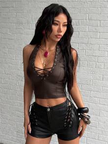 Jeanoix Y2K 性感女款塗層布料抽繩短版掛脖綁帶上衣 夜店外訪巧克力棕色夏季 - 巧克力棕 - 查看 6