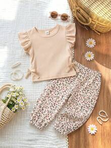 SHEIN Vintaside Kids 2件組嬰兒&女嬰羅紋荷葉袖T恤&碎花長褲套裝 嬰兒米色夏季熱帶家庭穿搭休閒派對度假裝 - 卡其色 - 查看 3
