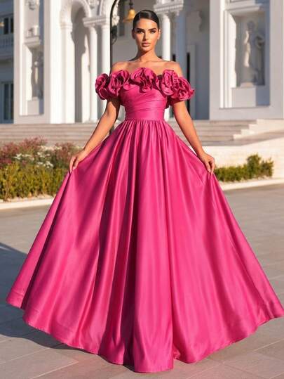 Glamrae Elegant Luxurious 3D Floral Satin One-Shoulder Sleeve Ruched Extra-Wide Hem Dress, Suitable For Weddings, Parties, Vacations, Balls, Formal Events (Heavy Embroidery)