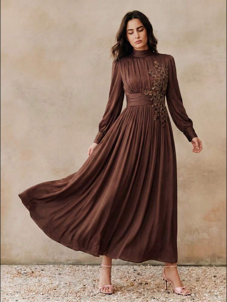 Elegant Round Neck Lantern Sleeve Diamond Embroidered Waist A-Line Women's Dress, Suitable For Party, Sequin, Wedding, Spring, Summer, Elegant, Valentine's Day, Carnival