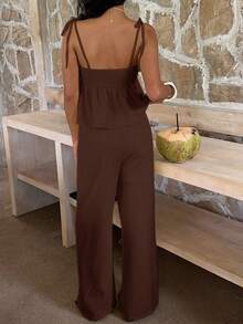 SHEIN EZwear 巧克力棕色梭织女士休闲吊带背心上衣和裤子套装 - 巧克力棕 - 查看 2