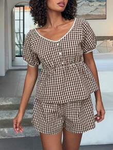 Livesso Women's Vintage Plaid Puff Sleeve Top And Shorts Pajama Set, Summer - Coffee Brown - View 4