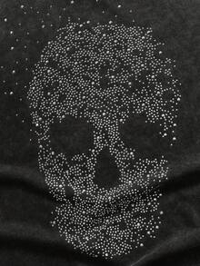 ROMWE MEN Herren Street Style Totenkopf Grafik Strass Dekor Rundhals Kurzarm Hip Hop T-Shirt - Schwarz - Übersicht 2