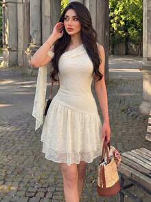 Modelyn 杏色蕾絲不對稱單肩抓皺綁帶優雅法式女款正式禮服，適合約會之夜、派對、特殊場合與晚宴活動 - 杏色 - 查看 8