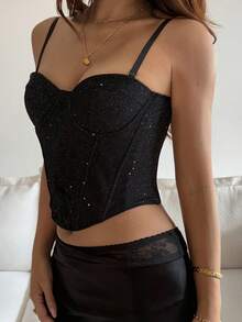 DAZY Áo hai dây ren đính sequin dành cho nữ - màu đen - Xem 4