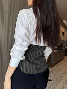 SHEIN Privé 女士条纹长袖休闲通勤衬衫 - 灰色 - 查看 2