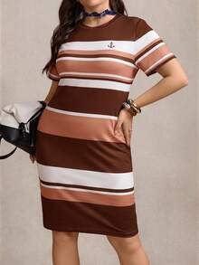 Zelara Plus Size Women Striped Round Neck Short Sleeve Casual Dress - Multicolor - View 5