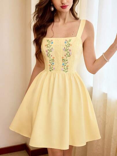 Vintamour Vintage Classic Elegant Women's Dress, Spring/Summer Fitted Wide Strap Slip Dress, Floral Embroidered Dress, Goose Yellow, Ruffle Hem Dress