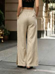SHEIN Holidaya Solid Color Front Button Casual Vacation Pants - Khaki - View 2