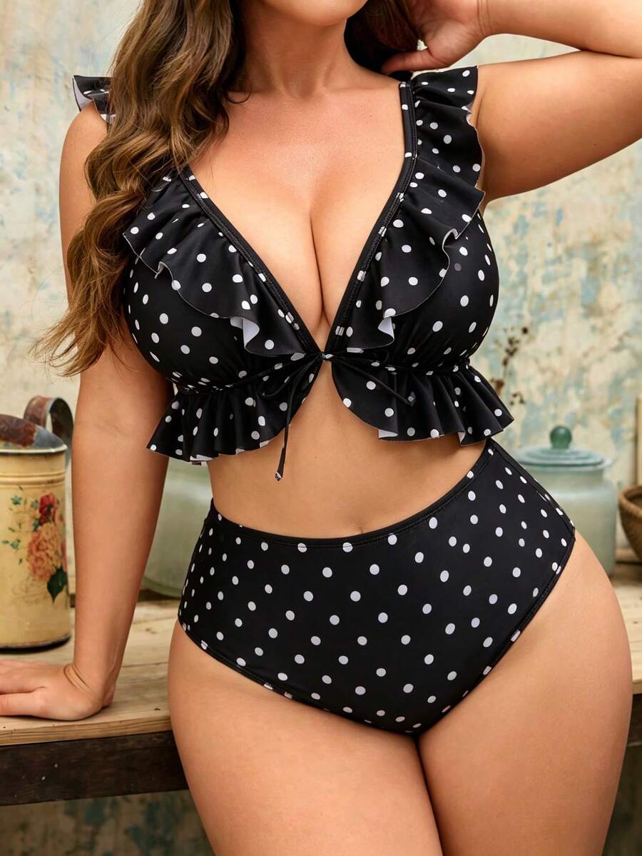 Swim Mod Plus Size Ditsy Floral Frill Trim Swimwear Set For Women - Multicolor - View 1