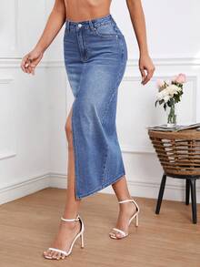 SHEIN Essnce 女士时尚百搭口袋纽扣开衩下摆牛仔长裙 - 藍色 - 查看 5