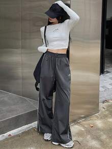 DAZY Contrast Piping Drawstring Waist Wide Leg Pants - Grey - View 5