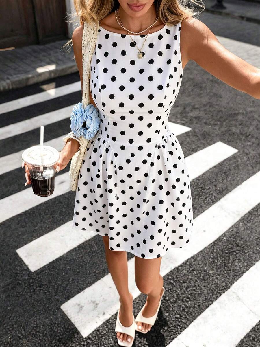 Pariaura 黑白波点船领无袖连衣裙,后背系带蝴蝶结收腰A字迷你连衣裙 - 白色 - 查看 1
