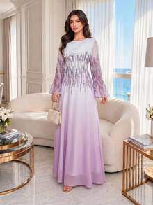 SHEIN Lady CURVE Đầm dài tay xòe thanh lịch cỡ lớn - Màu tím - Xem 4