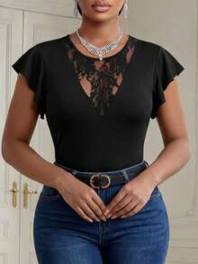Fleurora Plus Size Women V-Neck Semi-Sheer Lace Patchwork Ruffle Sleeve Casual T-Shirt, Fashionable Daily Versatile Spring/Summer New Arrivals Concert Women Rave Festival Rave Elegant Women Short Sleeve Top Rave - Black - View 4