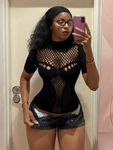 StreetHx Women's Sexy Techno Mesh Hollow Black Short Sleeve Top Club Night Out Rave Summer - Black - View 4