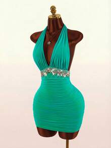 Amplova Nuevo vestido mini de verano para mujer con cuello en V, halter, fruncido y contraste de colores - Azul - Ver 6