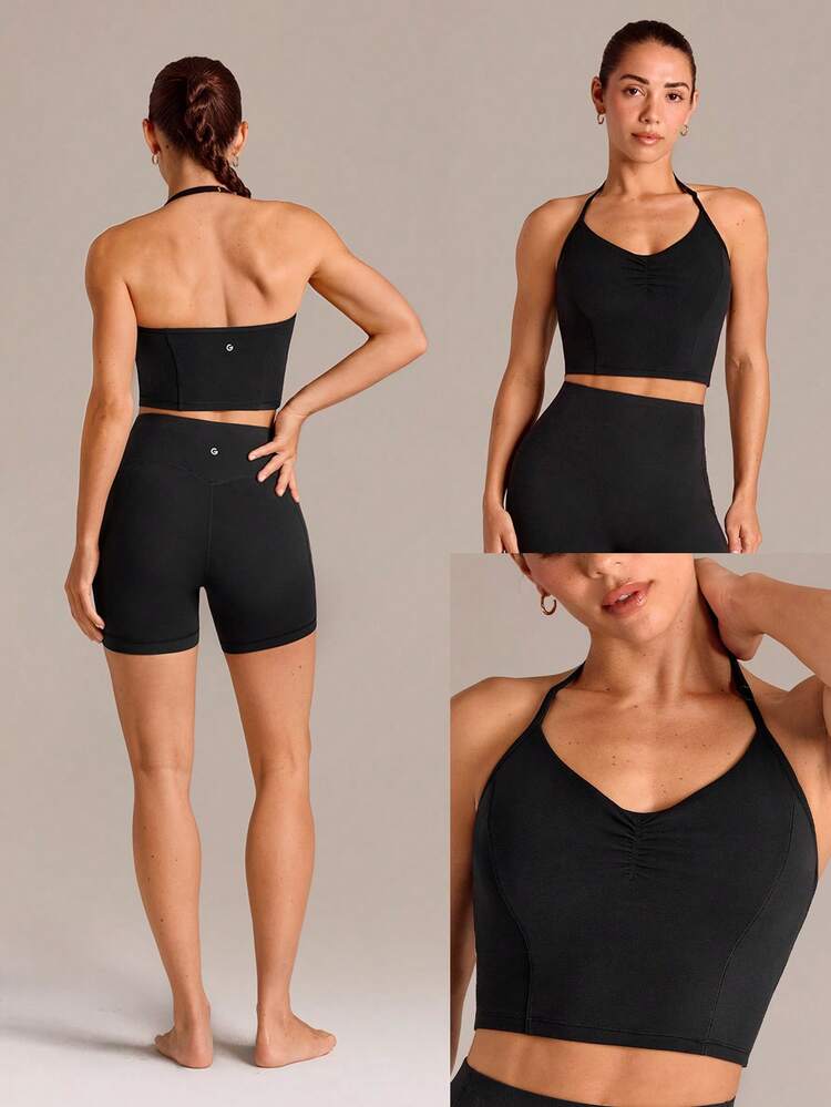 FeatherFit™ Breathable Lightweight Ruched Front Princess Seams Adjustable Halter Crop Tank With Removable Anti-Slip Cups Summer Yoga Studio Barre Pilates Workout Gym Wear