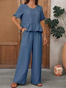 EMERY ROSE Women's Solid Color Round Neck Pleated Short Sleeve Top And Long Pants Casual 2-Piece Set Holiday Vacation Dusty Blue Summer, Vacation - Blue - View 6