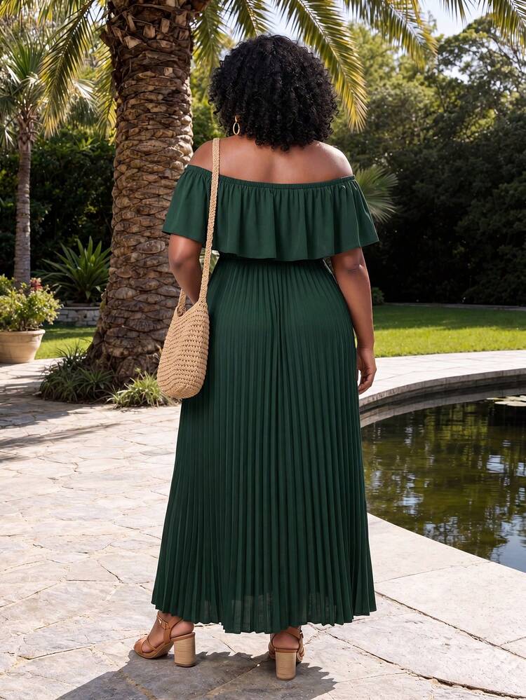 Plus Size Women's Solid Color Off-Shoulder Pleated Casual Party Dress