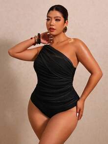 Elaquor Plus Size Solid Color One-Piece Swimsuit For Beach Vacation - Black - View 4