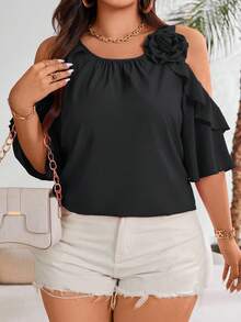 Vionelle Plus Cold Shoulder Ruffle Trim Blouse For Summer For New Year Clothes - Black - View 3