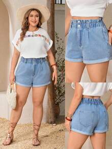 SHEIN Essnce Summer Vacation Casual Chic Boho Light Wash Denim With Pockets Rolled Cuffs Daily Wear Beach Vacation Plus Size Women Denim Shorts Relaxed Fit - Medium Wash - View 3