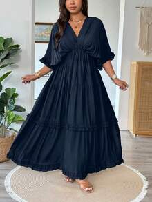 Vionelle Plus Size Solid Color Romantic Ruffle Trim Regular Dress, Spring/Summer Vacation Navy Blue - Navy Blue - View 3